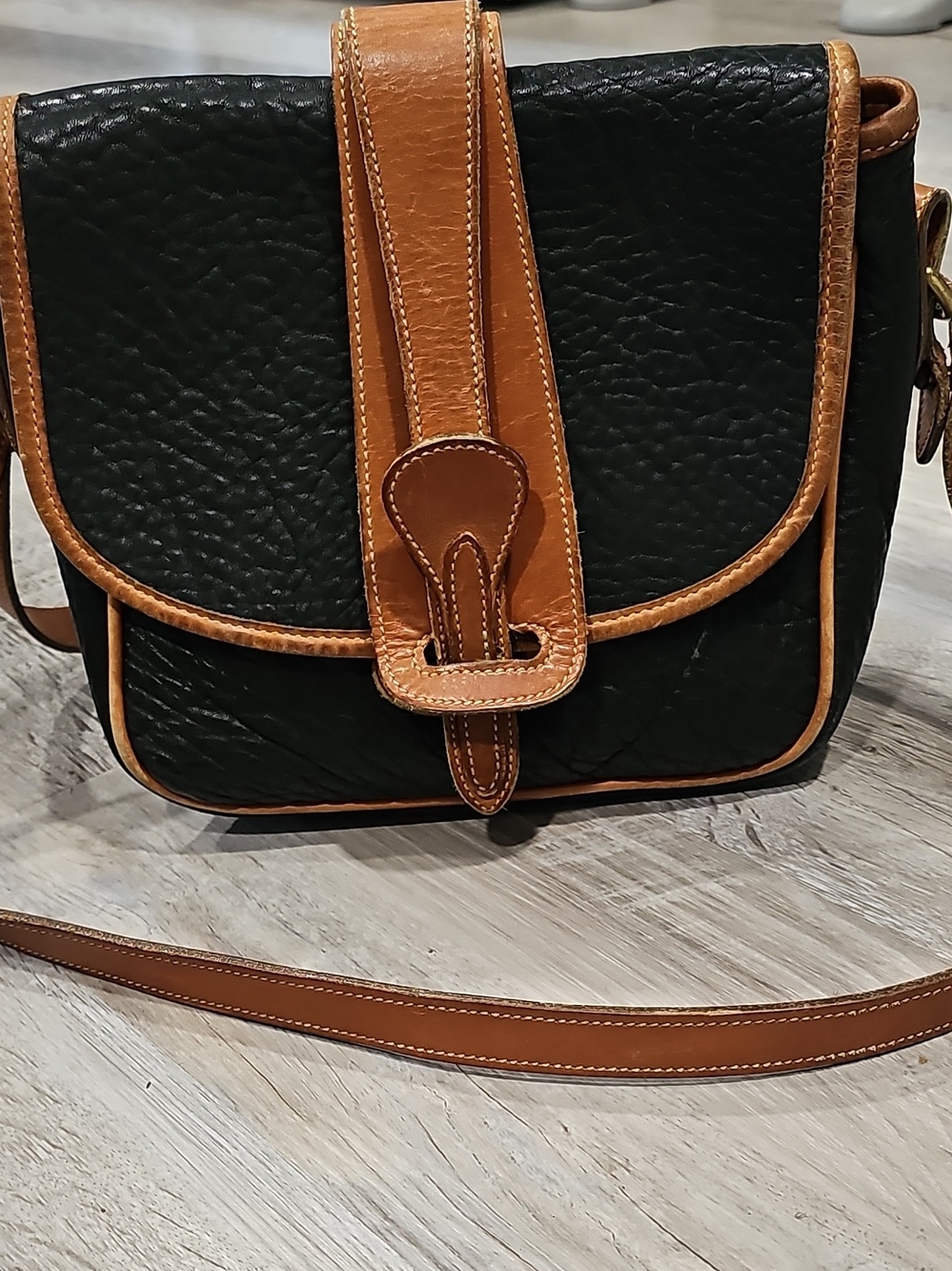 Dooney & Bourke Black and Tan Leather All Weather Crossbody Bag w/ Contrast Trim